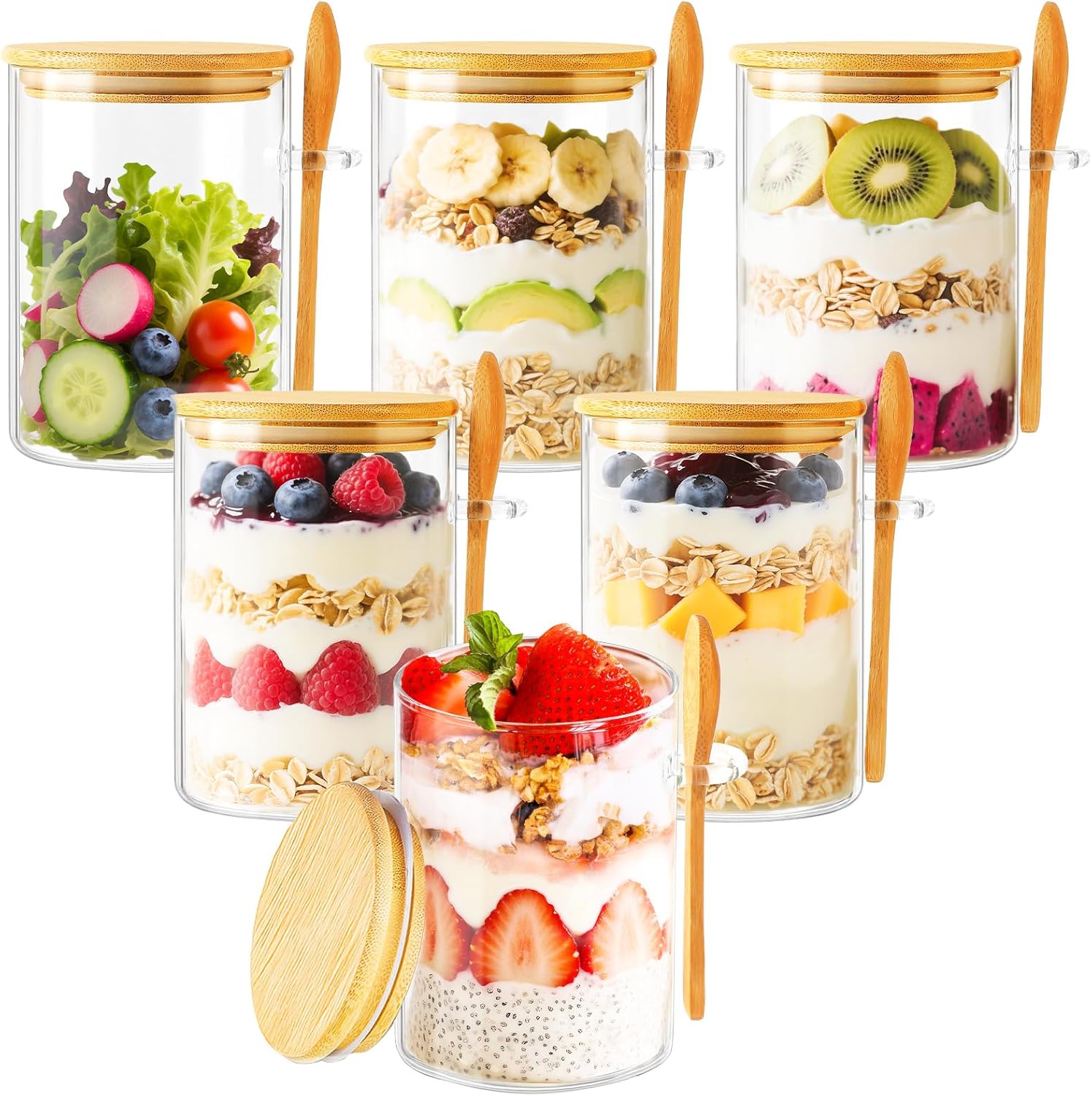 Meal Prep Glass Containers - 6 Pack Overnight Oats Containers with