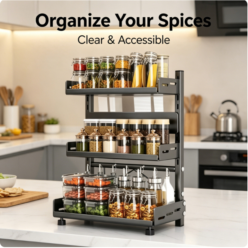 Spice Jar Labels - 3 Tier Adjustable Metal Spice Rack